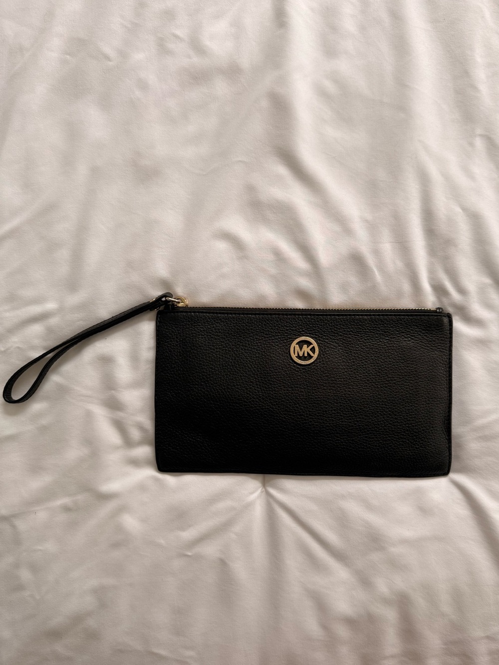 Michael Kors Black Leather Wristlet with Gold MK Accent